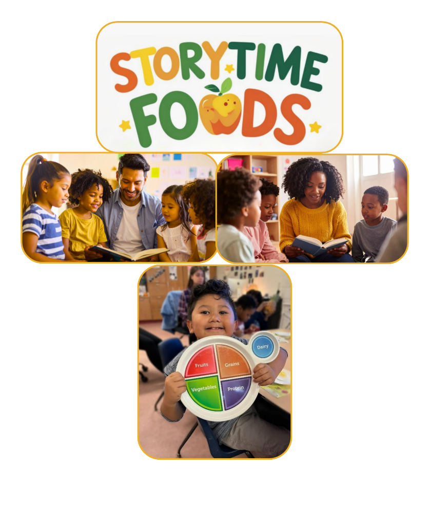 Collage of images of children reading in groups